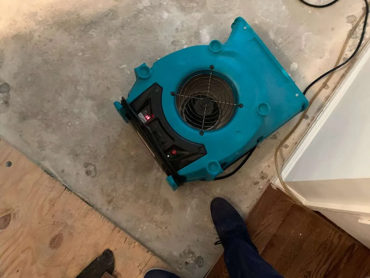 Air mover drying subfloor during Leak Detection & Repair in Warrensburg